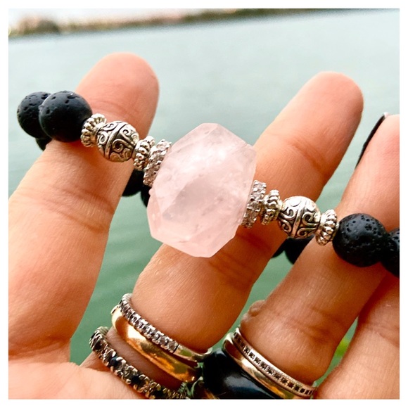 Genuine rose quartz , cz , lava rock bracelet - Picture 4 of 8